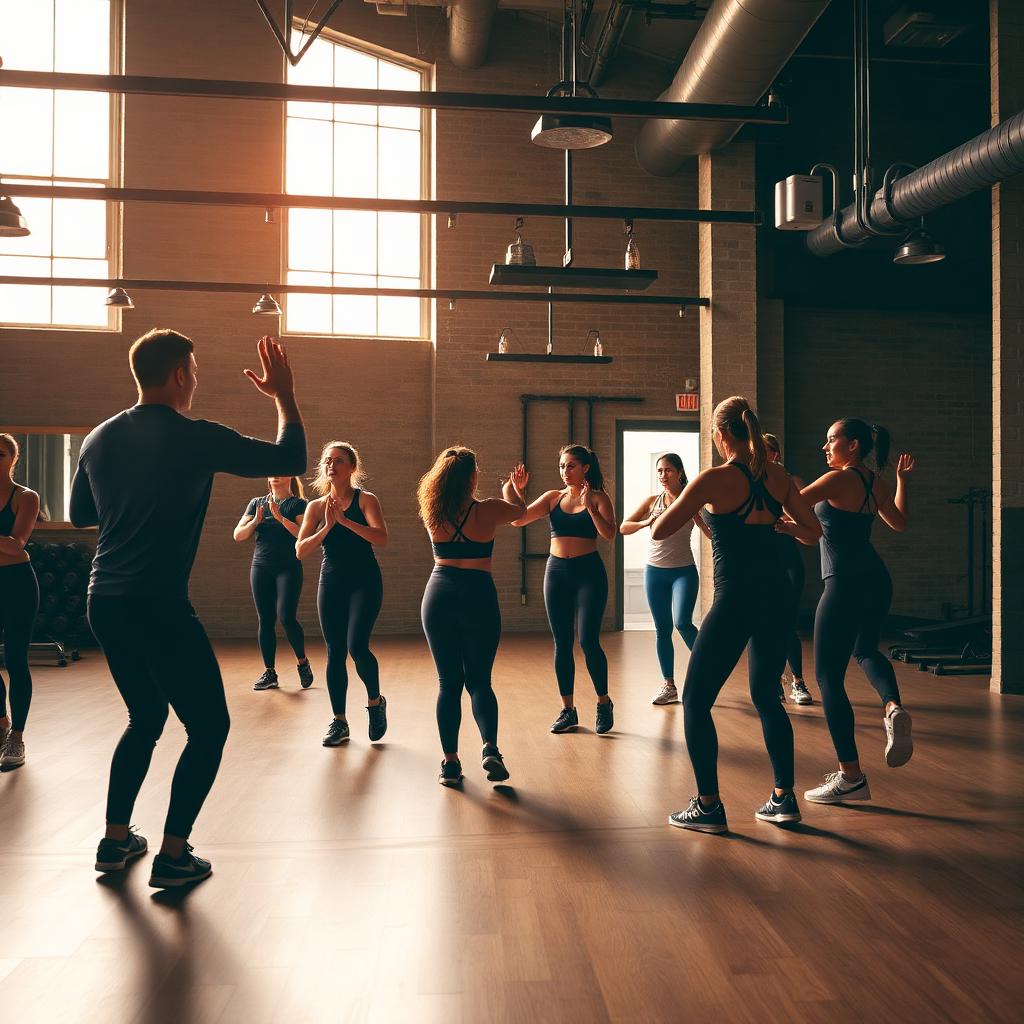 Group fitness class in a modern industrial studio space
